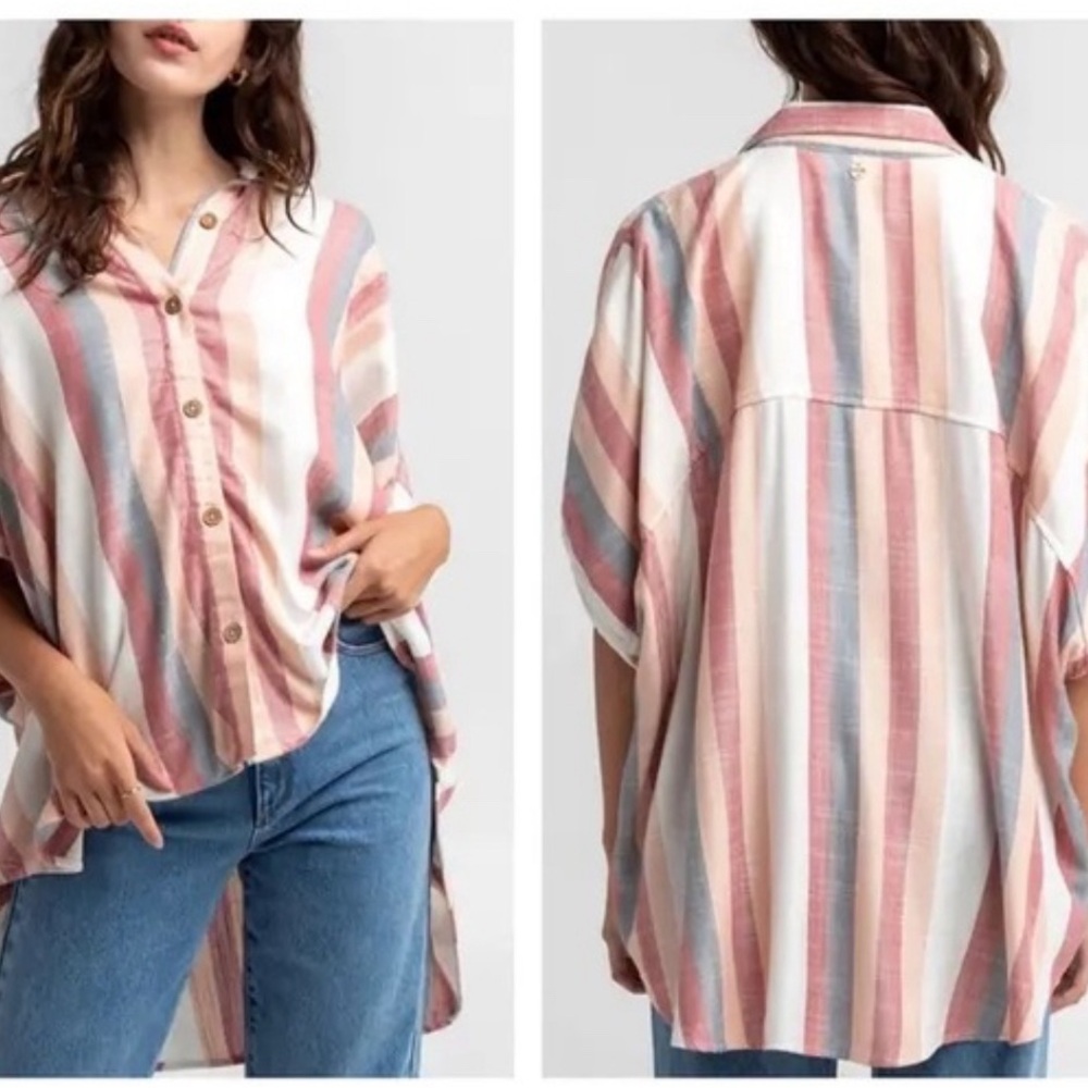 Rip Curl Striped Button-Front Dolman Shirt in Pink, Blue & Cream